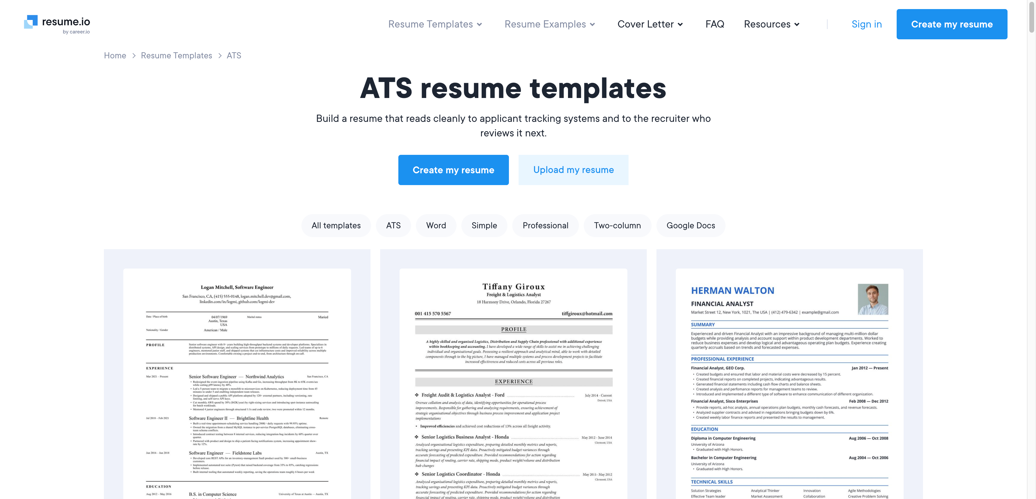 ATS-friendly resume template examples displayed on Resume.io