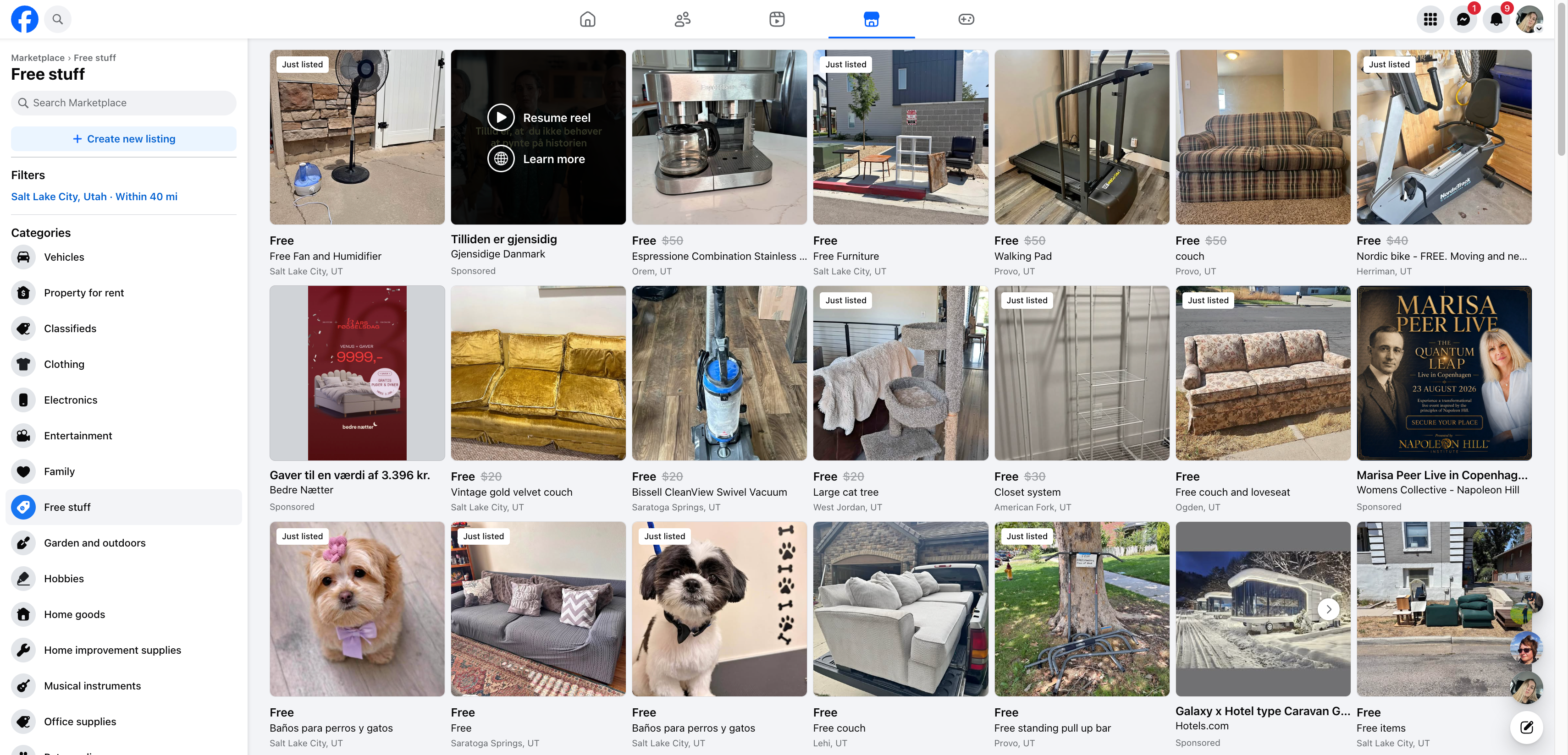 Facebook Marketplace free listings for secondhand furniture, appliances, and household essentials