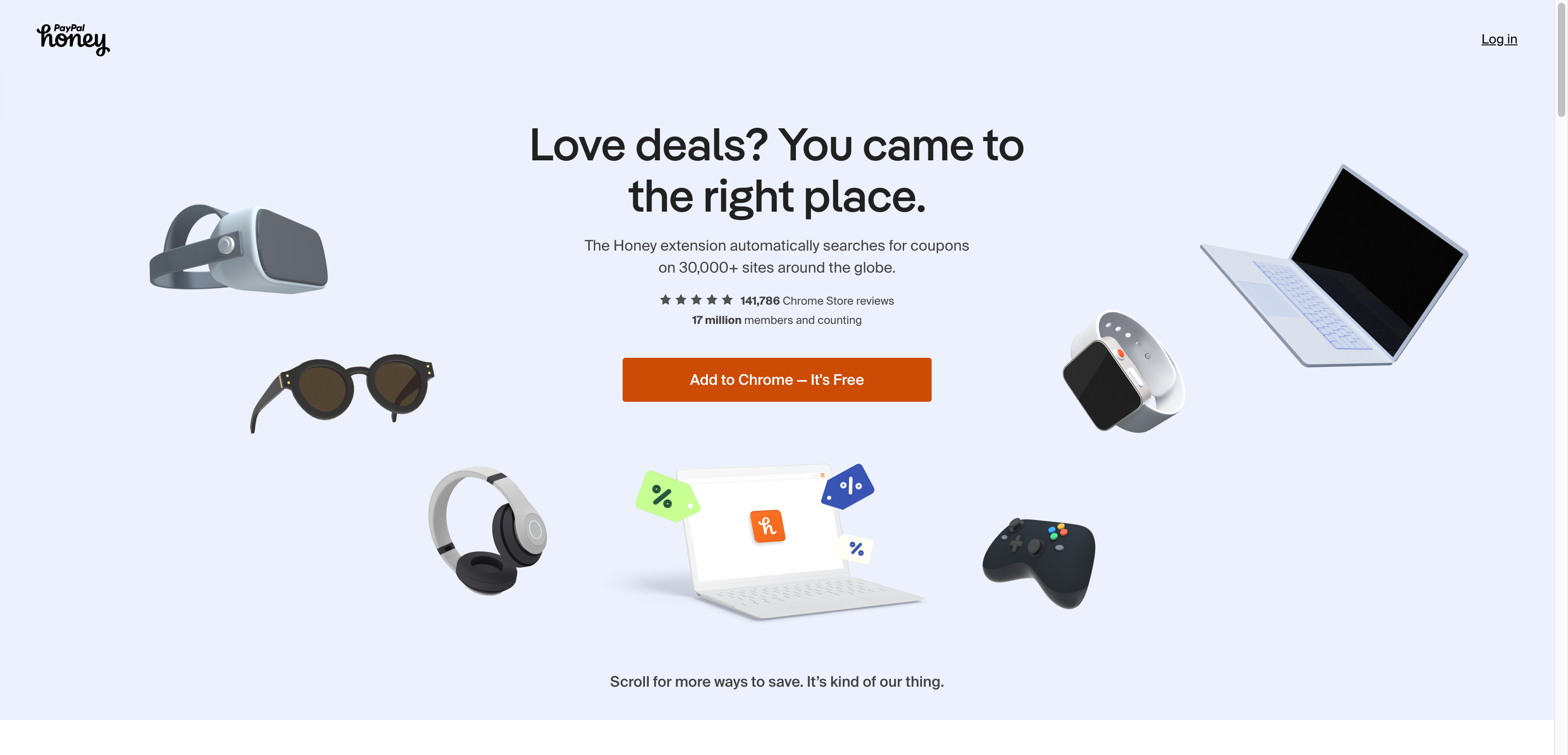 PayPal Honey browser extension page showing automatic coupon codes for online purchases