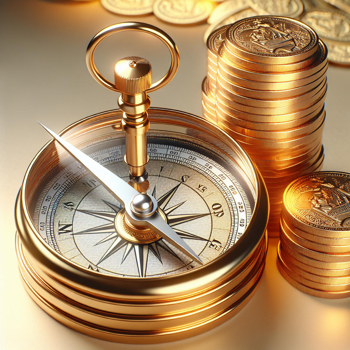 A compass needle pointing towards a stack of gold coins.