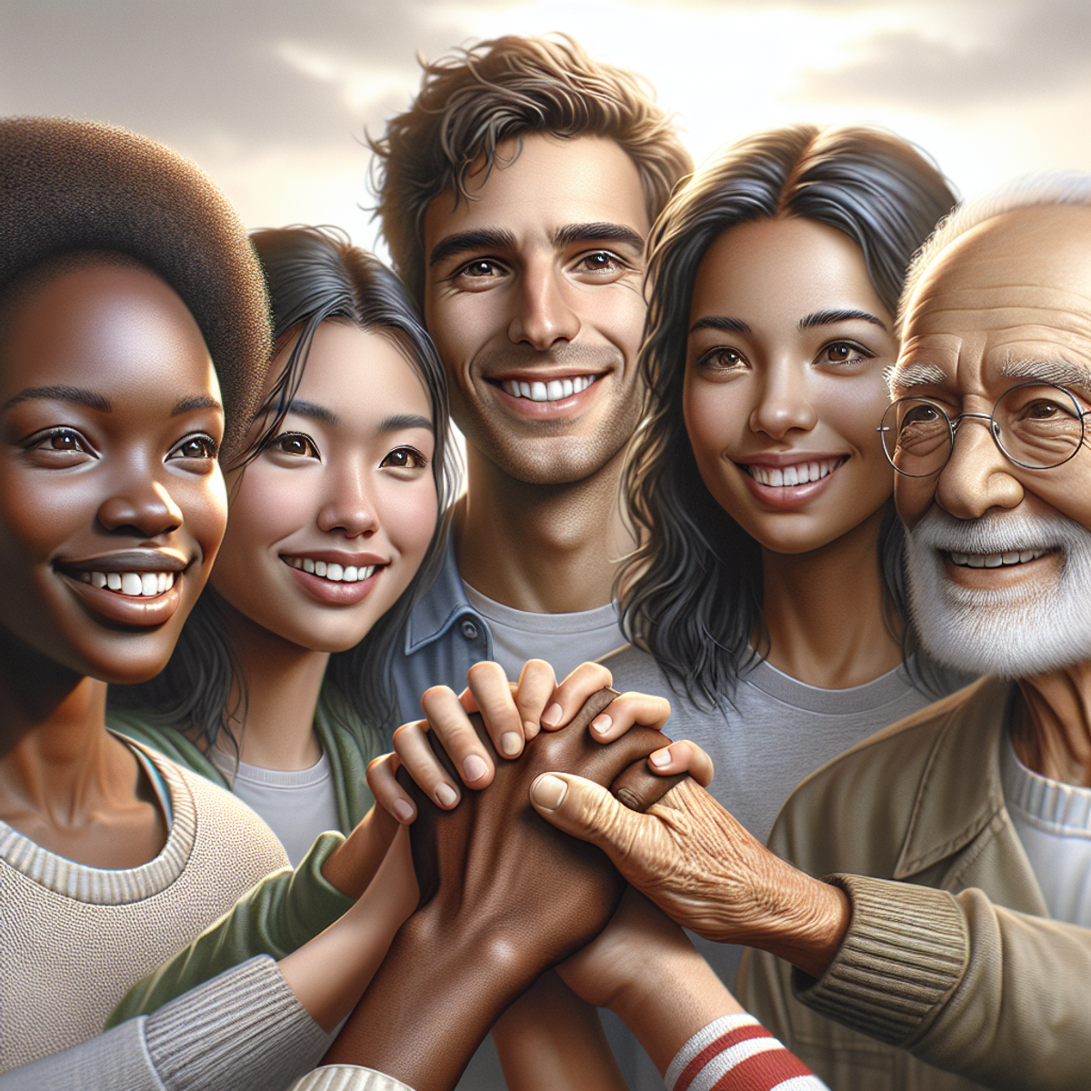 A diverse group of people of different ages and ethnicities holding hands with joyful expressions, symbolizing unity and empowerment.