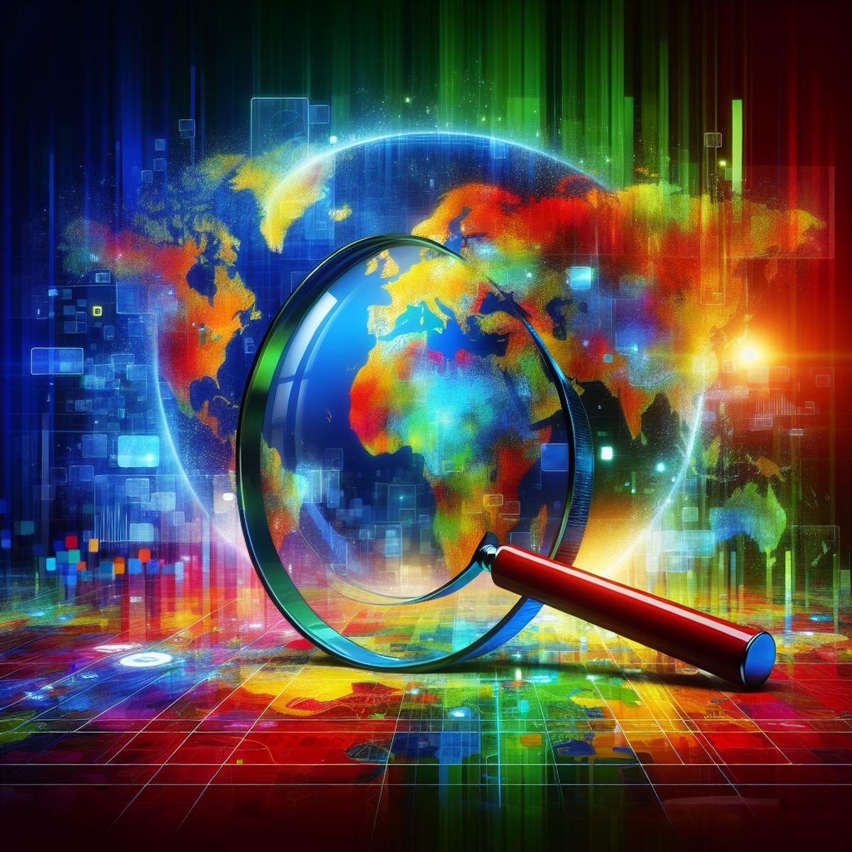 A magnifying glass hovering over a colorful world map.