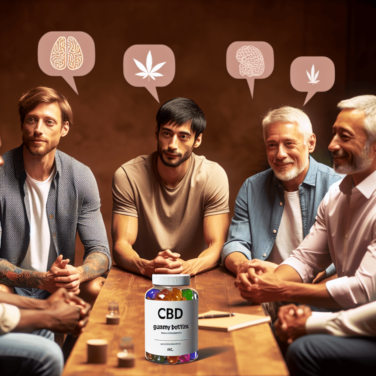 A diverse group of men, including a Caucasian and an Asian man, are sitting at a table filled with CBD gummy bottles, engaged in a supportive health and wellness discussion in a warm and inviting setting.