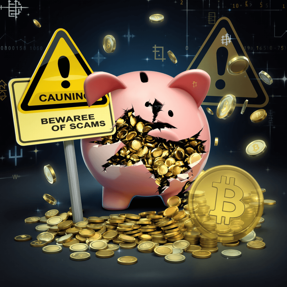 A broken piggy bank surrounded by scattered coins and a "Beware of Scams" sign, with digital blockchain graphics and cryptocurrency symbols in the background, conveying caution.