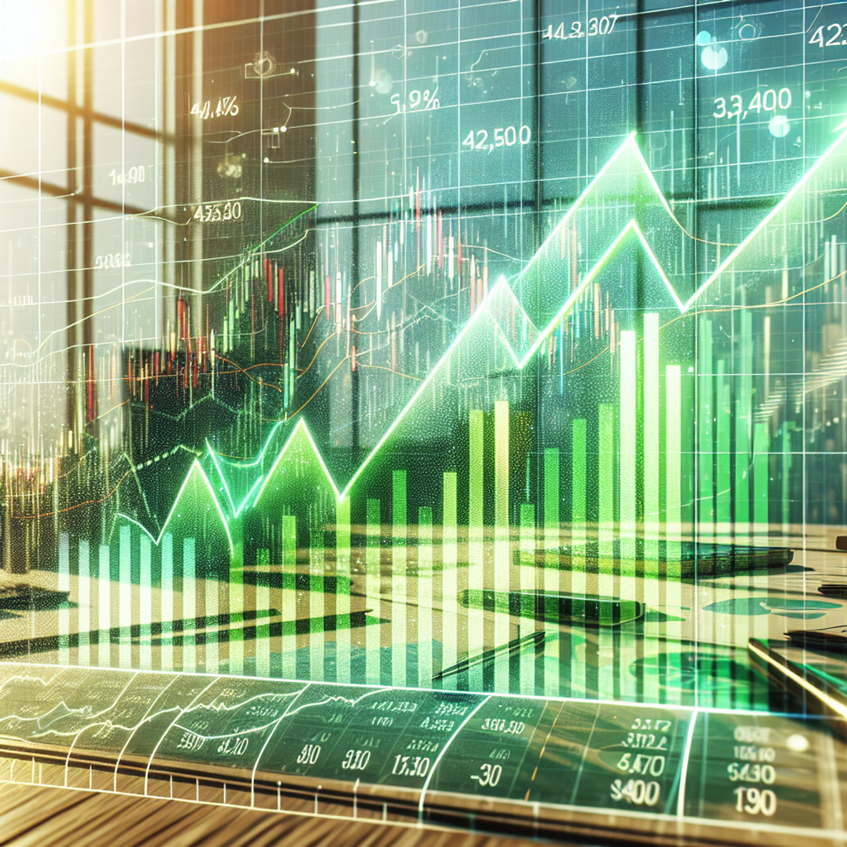 A stock market graph with an upward trend, vibrant green colors dominating, and a neat office setting with sunlight pouring in through a window.
