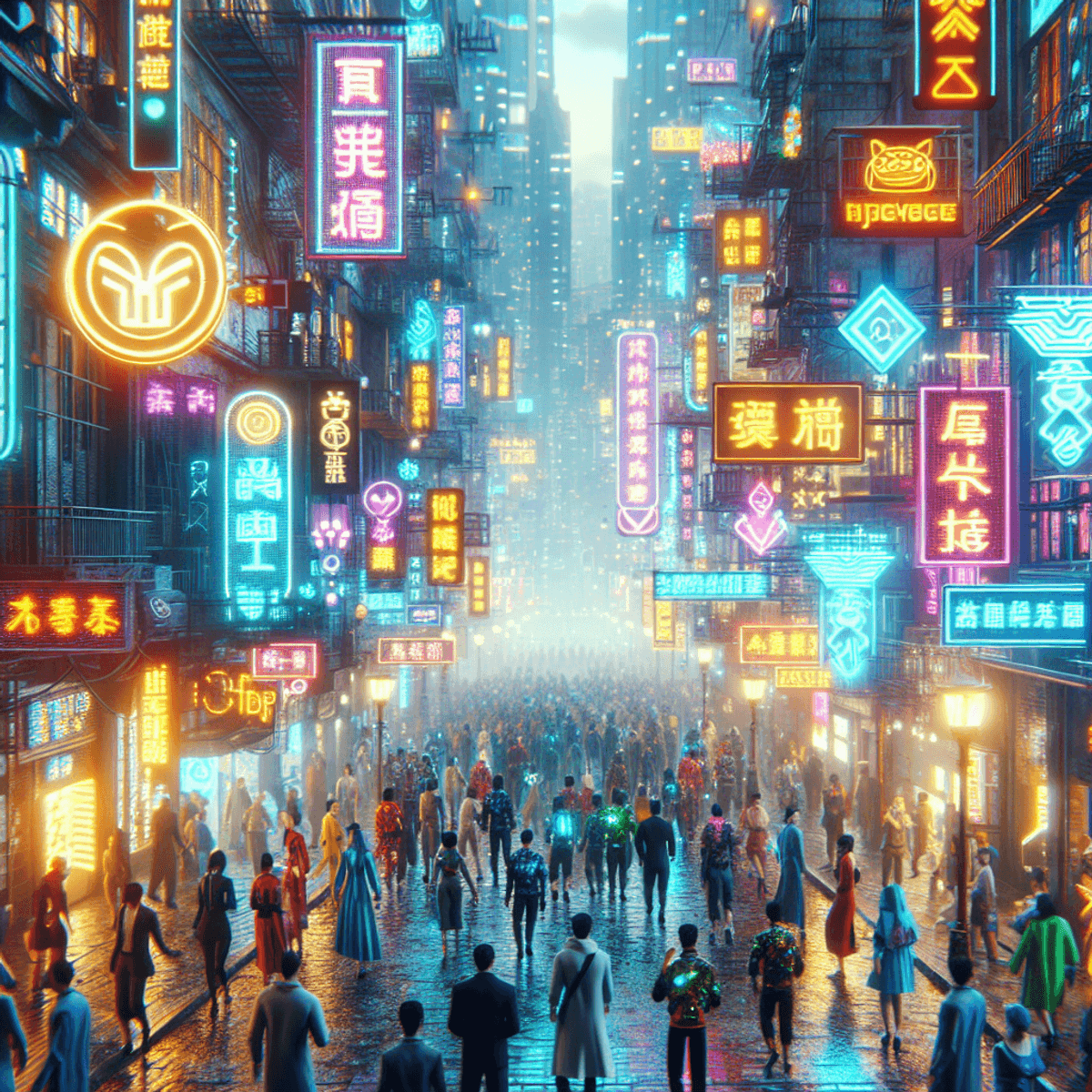 A vibrant and chaotic futuristic cityscape drenched in neon lights, showcasing glowing signs and emblems that are not legible. The streets are bustling with diverse groups of people, including Caucasian, Asian, and Hispanic individuals dressed in cyberpunk fashion that blends urban decay with advanced technology. The atmosphere is electric, filled with a mix of excitement and tension, highlighted by the interplay of bright colors against the darkened backdrop of towering buildings and intricate architecture.