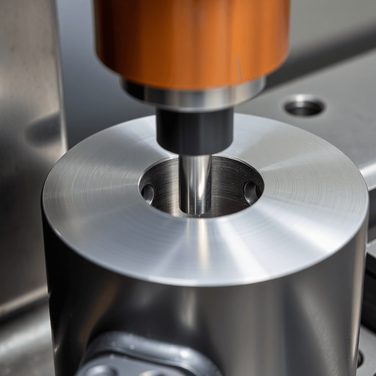 Close-up of a precision reaming tool creating smooth, shiny holes on a metal workpiece in an industrial machining setting.