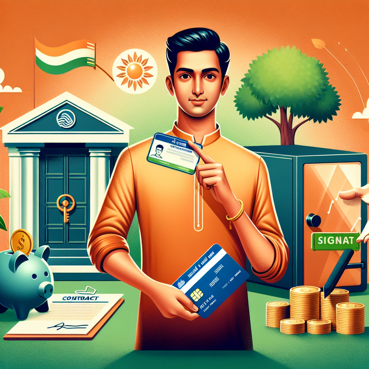 A South Asian man holding an Aadhaar card in one hand and receiving money or a signed contract in the other, with symbols of prosperity and success in the background.