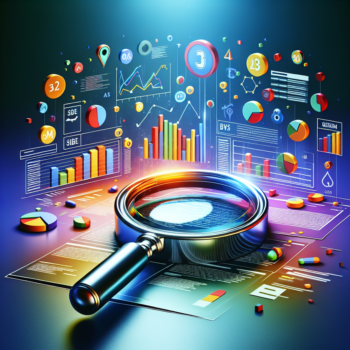 A shiny, oversized magnifying glass hovers above a generic, unmarked webpage on a computer screen. Around it are brightly colored, floating symbols of keywords and analytics data, such as graphs, charts, and metrics, representing the dynamic nature of the digital world.