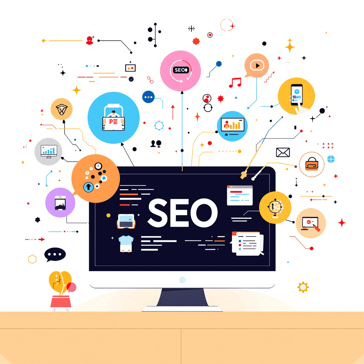 A vibrant digital workspace with abstract icons for SEO, marketing analytics, and content creation connected in a network on a bright, tech-inspired background.