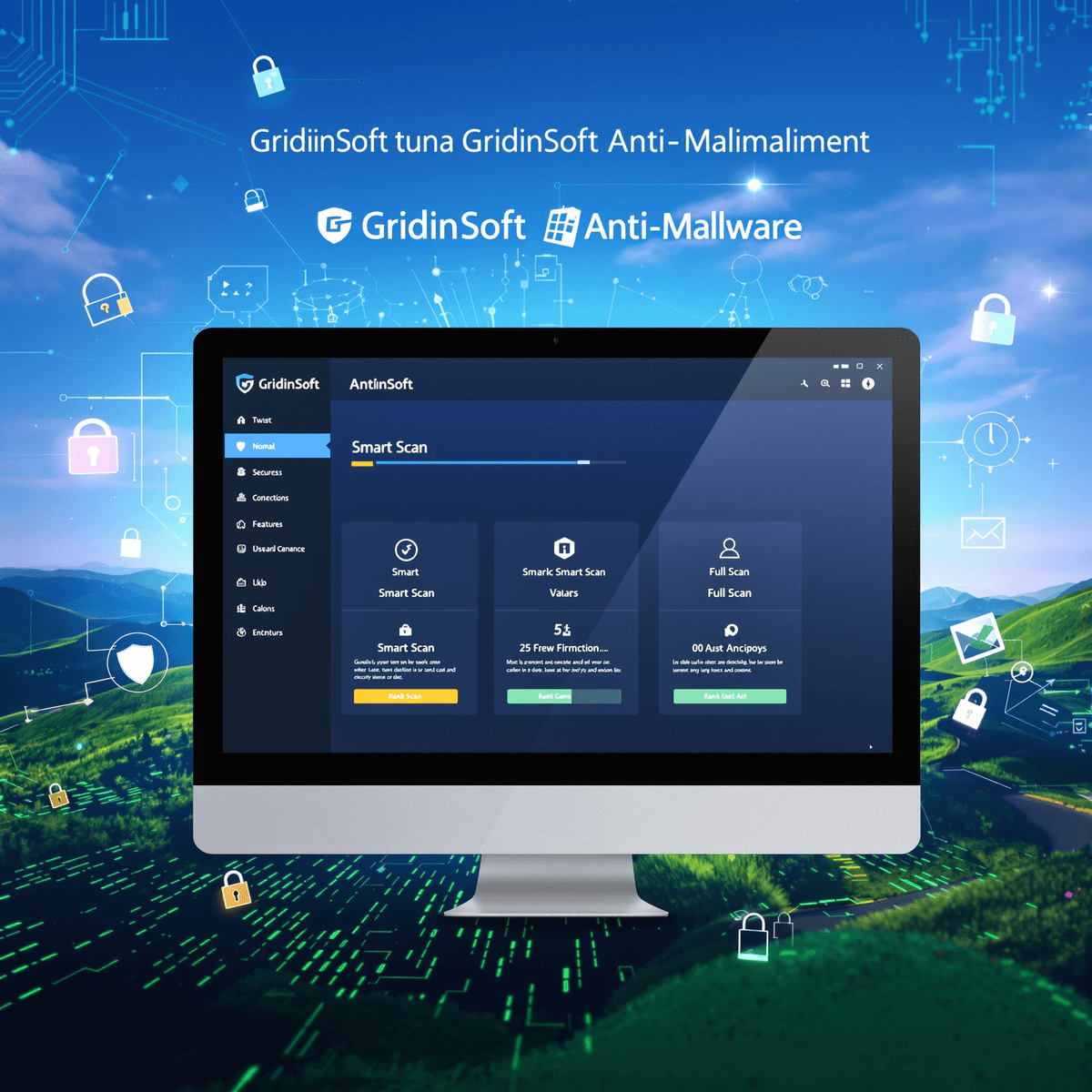 A computer screen displays the GridinSoft Anti-Malware interface with features like Smart Scan and Full Scan, set against a digital landscape of cybersecurity elements.
