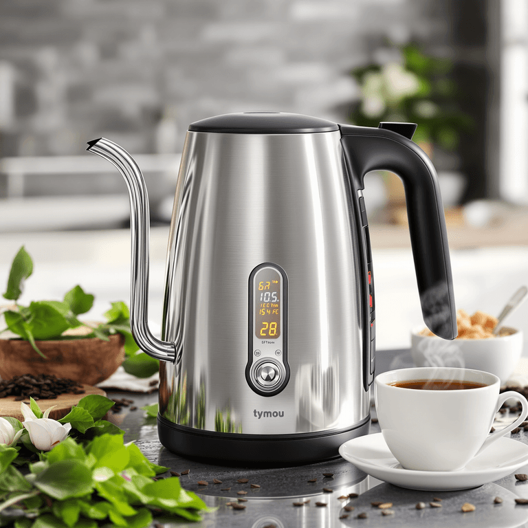 Viante Electric Kettle Stainless steel Viante Electric Kettle with gooseneck spout and glowing digital display on countertop, surrounded by tea leaves and a steaming cup in a bright kitchen.