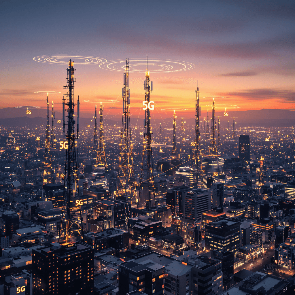 Futuristic cityscape at dusk with glowing 5G signals radiating from towers and buildings, highlighting fast wireless connectivity and advanced technology.