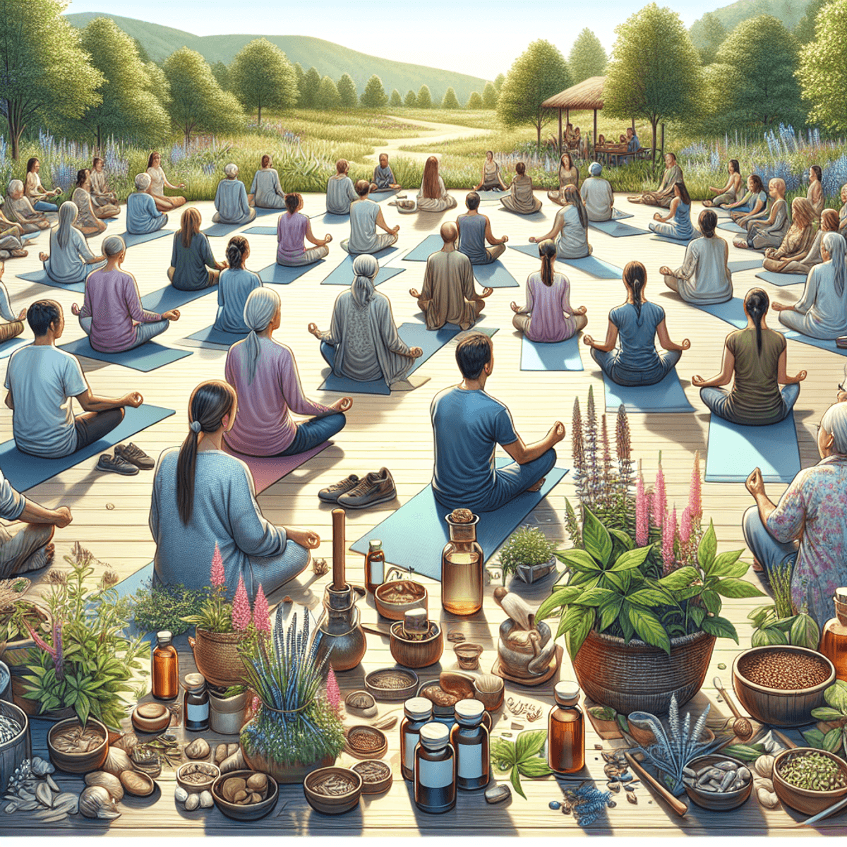 Start your Ayurveda Joint Pain Clinics 4 A diverse group of individuals practicing yoga on colorful mats in a serene outdoor setting, surrounded by lush greenery and various natural plants and herbs, with containers of homemade tonics nearby, all emphasizing a holistic approach to wellness.