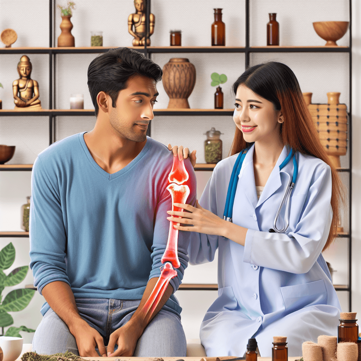 Start your Ayurveda Joint Pain Clinics 2 A serene Ayurveda clinic interior featuring a friendly Asian female practitioner engaged in conversation with a Hispanic male patient about joint pain relief. The room is adorned with herbal remedies in glass jars, traditional Ayurvedic tools like a mortar and pestle, and calming natural decor such as plants and soft lighting, creating a holistic healing atmosphere.