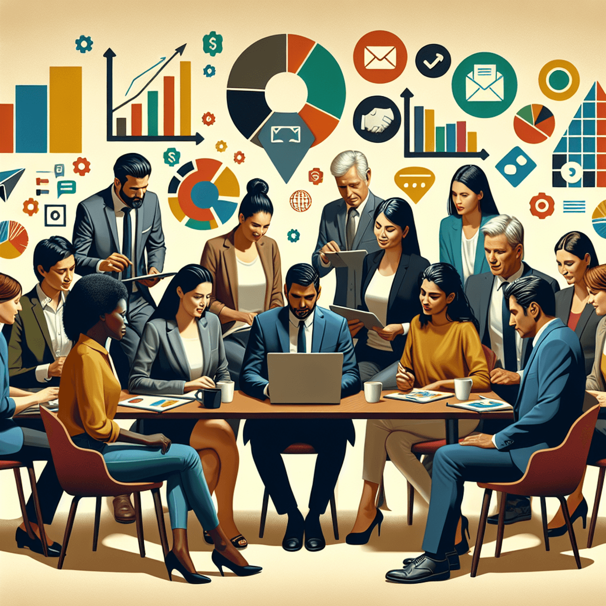 A diverse group of male and female business professionals of South Asian, Hispanic, Black, and Caucasian descent, gathered around a table with a laptop, engaged in discussions about email marketing strategies. The scene is vibrant and colorful, featuring symbols like bar graphs, pie charts, and email icons that represent successful digital marketing. The realistic style captures the dynamic creativity and positive engagement of the business environment.
