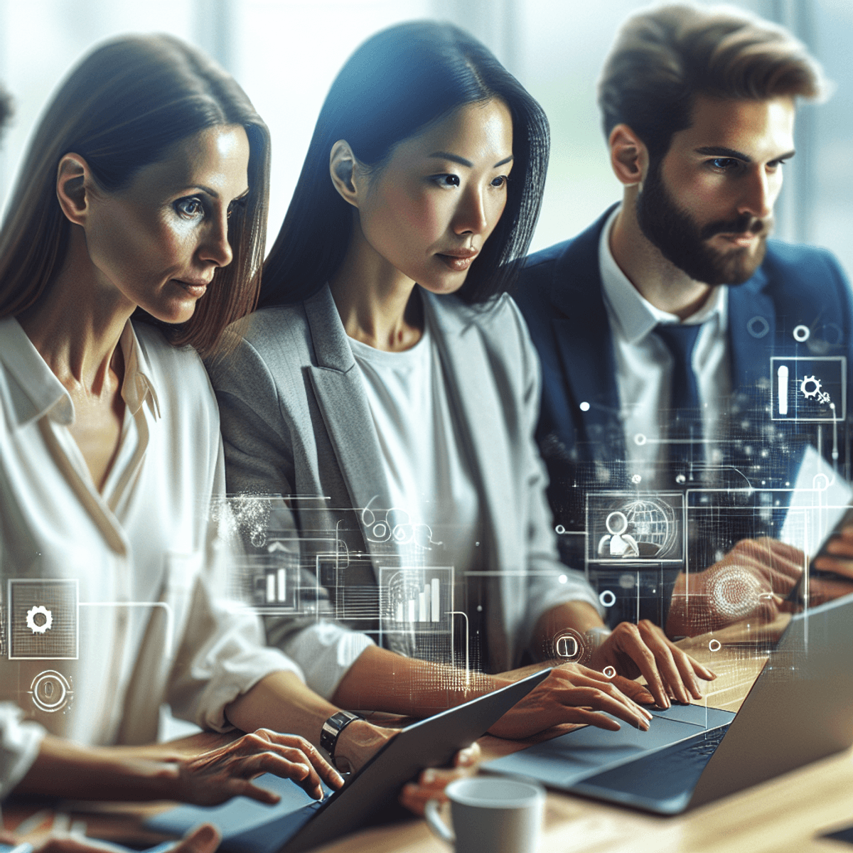 A diverse group of professionals, including a Caucasian woman and an Asian man, are collaborating in a modern office space. They are seated at a table with laptops and digital devices, deeply focused on their work. Surrounding them are visual elements like charts and graphs that symbolize content creation and AI technology. The office atmosphere is vibrant and innovative, reflecting a spirit of teamwork in the field of digital marketing.