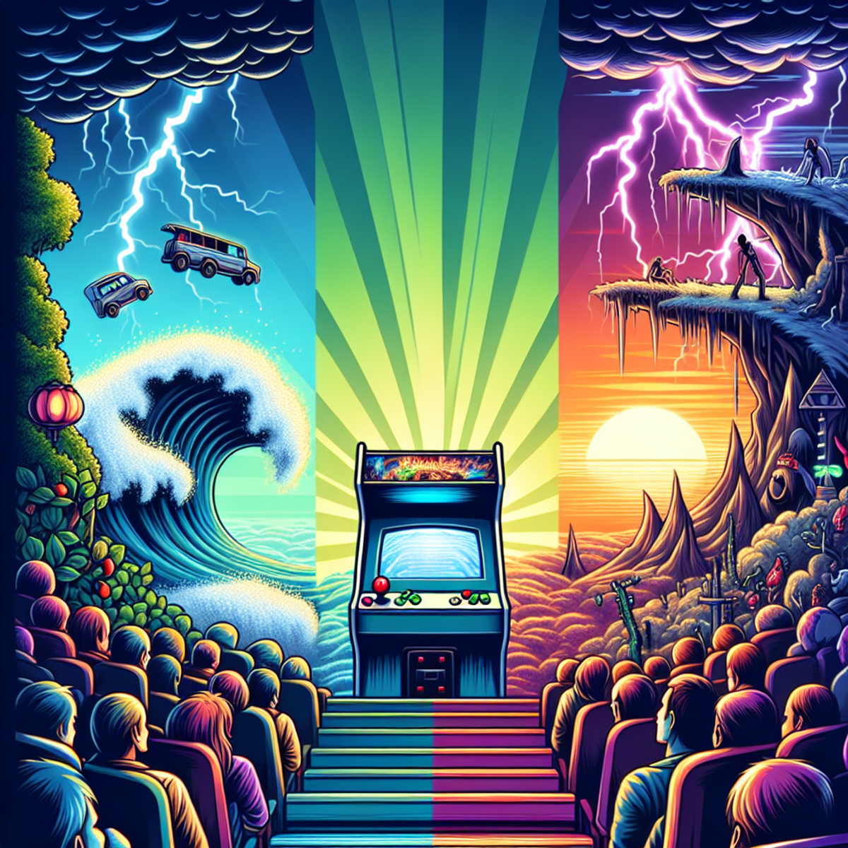 A vintage arcade cabinet set against a backdrop of a cheering crowd, symbols of fame and glory. Then, transitioning into a tumultuous storm, indicating turmoil and challenge. Finally, transition into a calm, serene scene representing redemption and resilience, with symbols like sunrise and calm waters.