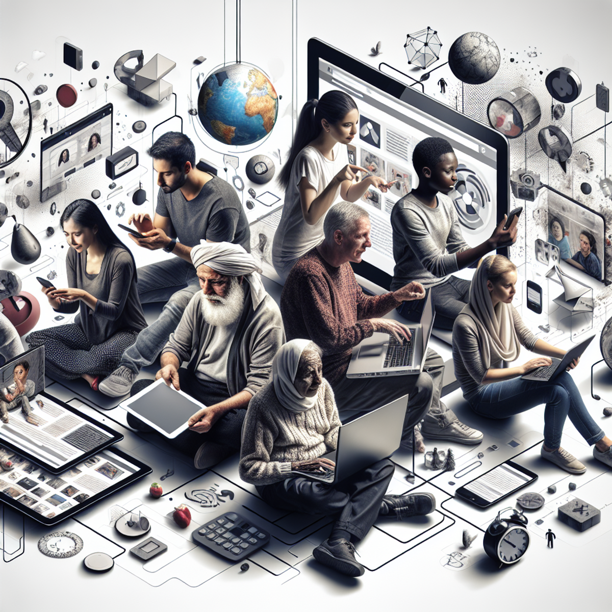 Diverse group of people using various tech devices with abstract shapes and symbols representing the underlying structure of a website.