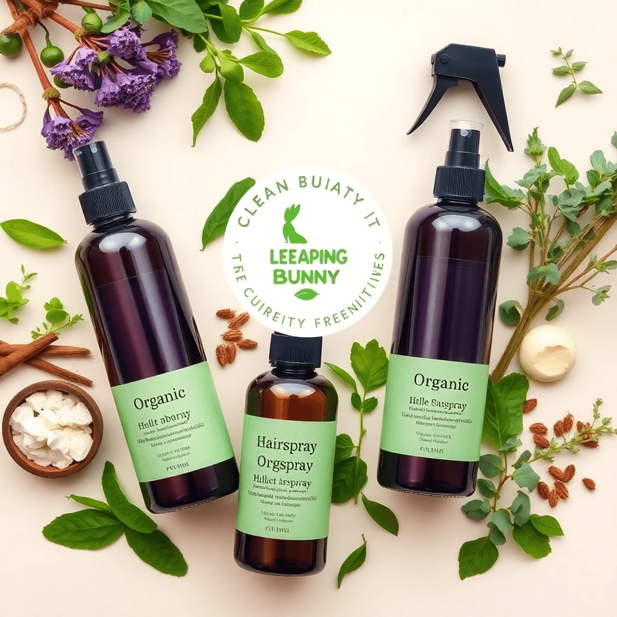 A flat lay of organic hairspray bottles with transparent labels, fresh herbs, shea butter, and essential oils on a light background, featuring a prominent Leaping Bunny logo.