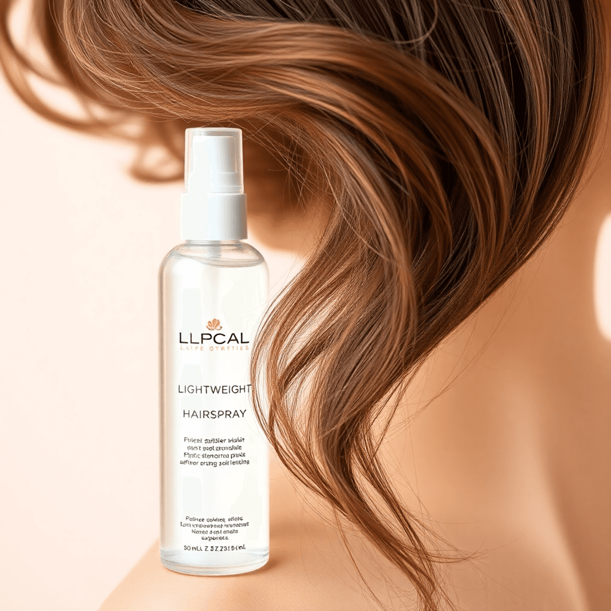 A close-up of a lightweight hairspray bottle beside a model with fine, natural hair, set against a soft pastel background, highlighting elegance and lightness.