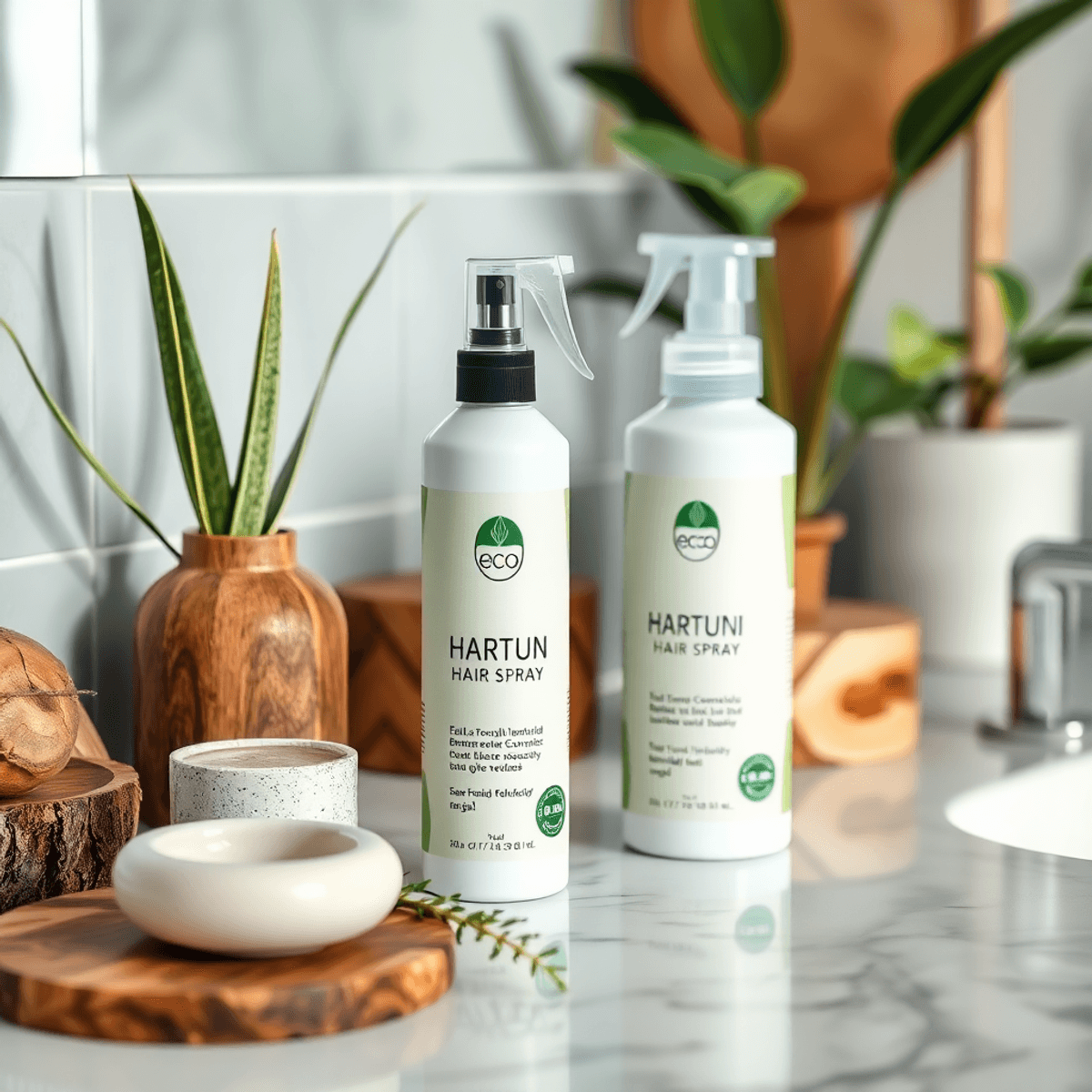 A close-up of a stylish bathroom counter with eco-friendly hair spray and gel bottles, surrounded by plants and wooden accessories, showcasing modern beauty care.