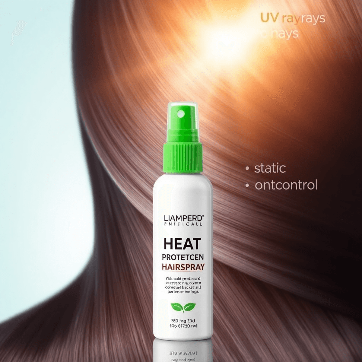 A close-up of sleek, shiny hair with a bottle of heat protectant hairspray in the foreground, illuminated by soft, glowing light and abstract UV ray elements in the background.