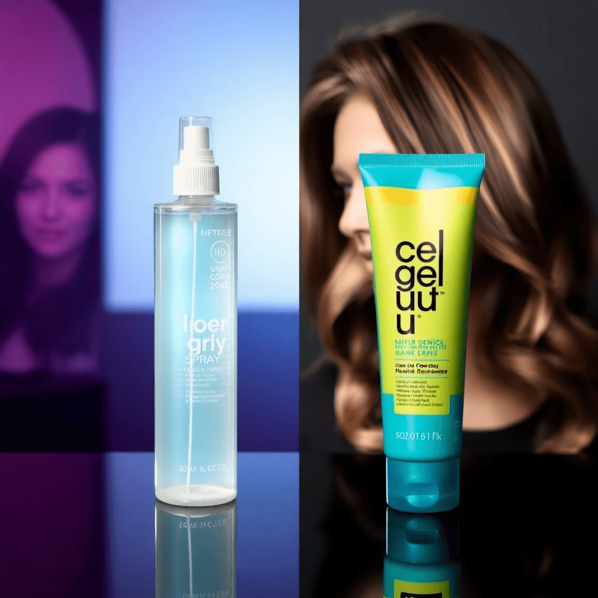 A split image featuring a bottle of hair spray on one side and a tube of hair gel on the other, set against a stylish background that enhances hair styling themes.