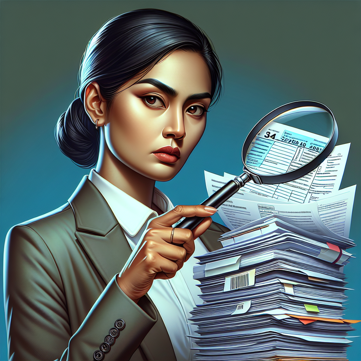 A South Asian woman holding a magnifying glass over a stack of documents.