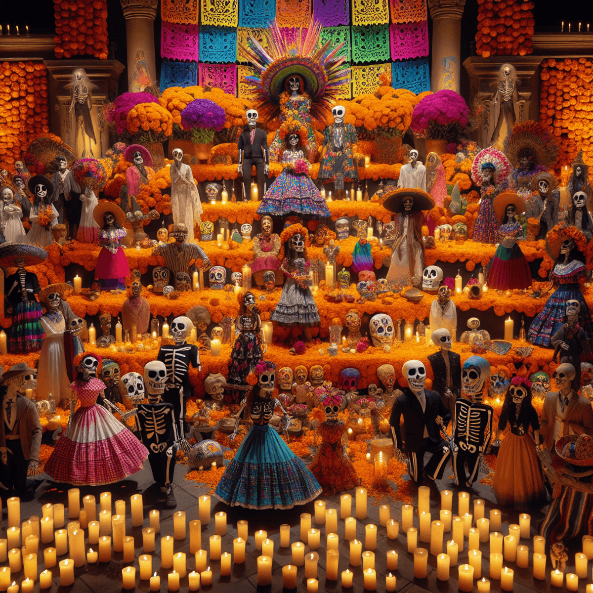 Una animada celebración del Día de Muertos en México que presenta un colorido altar decorado con vibrantes cempasúchiles, intrincadas calaveras de azúcar y velas parpadeantes. Un grupo diverso de personas hispanas, que representan varios países de América Latina, participa alegremente en las festividades vestidas con trajes tradicionales. La escena está llena de energía festiva y muestra la profunda importancia cultural de este evento que honra la conexión entre la vida y la muerte.