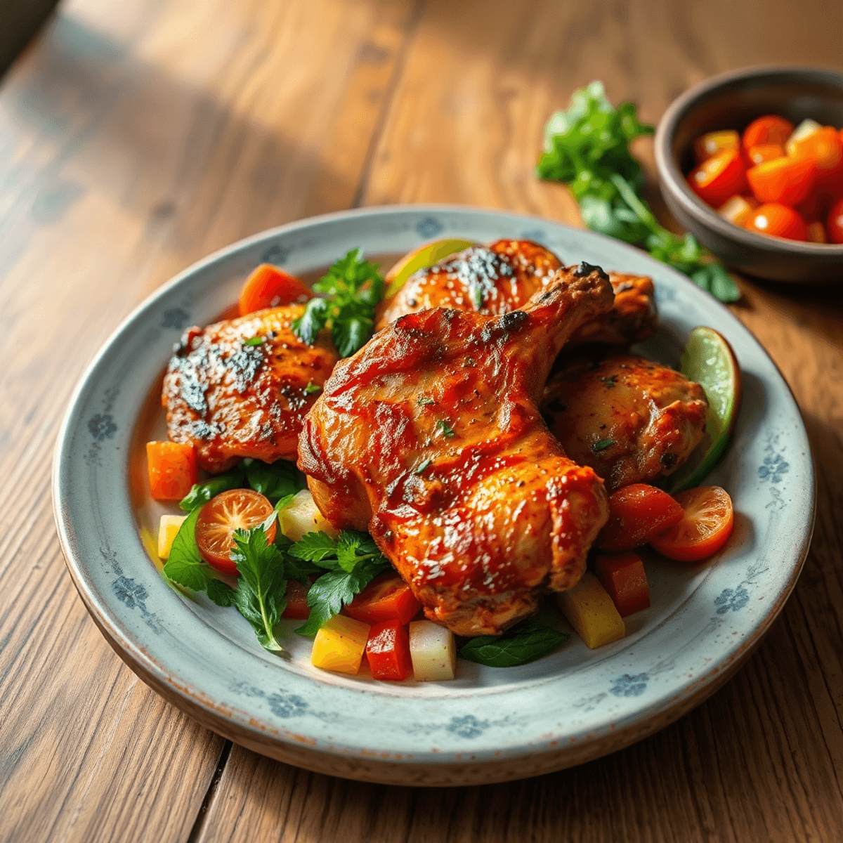 Plato de pollo asado dorado y jugoso, rodeado de coloridas verduras frescas y hierbas, presentado sobre una mesa de madera rústica con luz natural.