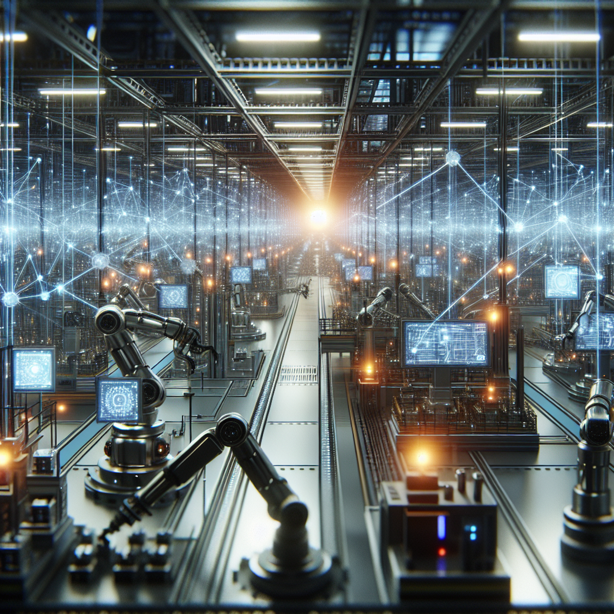 Una planta de producción futurista con robots trabajando en líneas de ensamblaje y visualización de datos a través de luces y señales.
