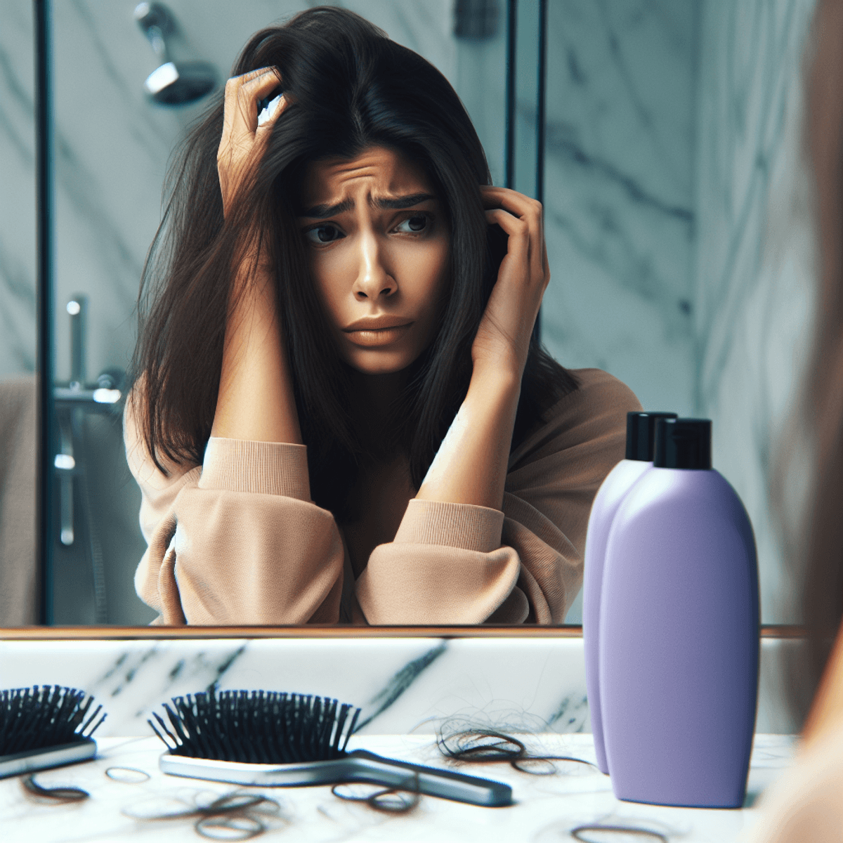 Una mujer hispana angustiada con cabello de longitud media mira su reflejo en el espejo del baño, y su expresión refleja preocupación por su cabello excesivamente seco. La escena presenta una botella de champú morado de moda en una encimera de mármol y mechones de cabello dispersos, simbolizando sus preocupaciones por la pérdida de cabello. La atmósfera es ligera pero relatable, capturando su agitación emocional en medio de un estilo realista.