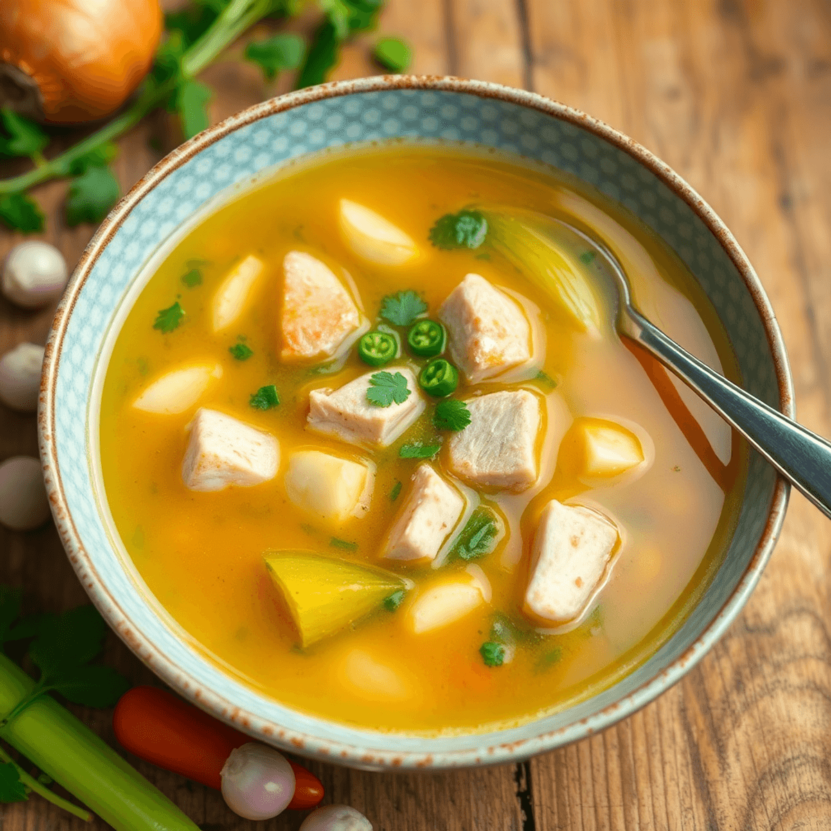 Un tazón humeante de sopa de pollo con verduras frescas y hierbas, decorado con perejil, sobre una mesa de madera rústica rodeado de ingredientes como zanahorias y cebollas.