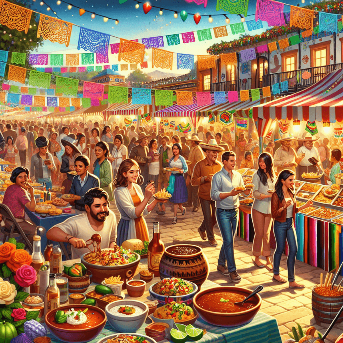 Rutas gastronómicas en México lleno de una multitud diversa de asistentes caucásicos, hispanos y asiáticos disfrutando de platos tradicionales como mole y tacos. Coloridos puestos exhiben una variedad de deliciosas comidas y bebidas, rodeados de decoraciones vibrantes que realzan el ambiente festivo. Se pueden ver personas sonriendo, riendo y participando en conversaciones, irradiando felicidad y emoción en toda la animada escena.