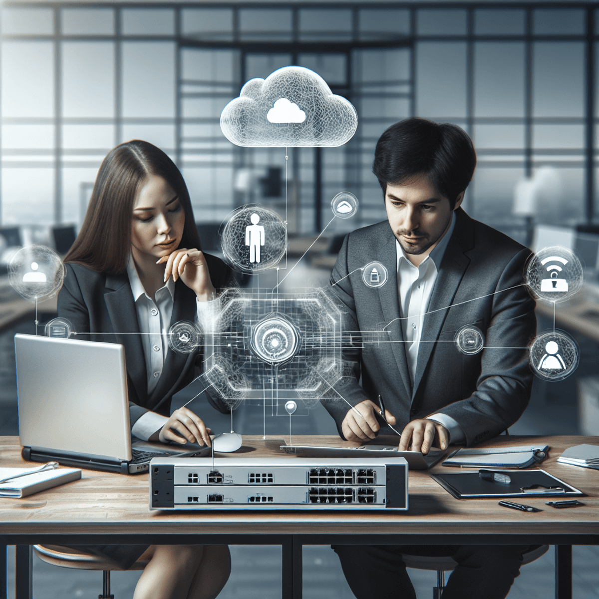 Una mujer caucásica y un hombre asiático colaboran sobre un portátil que muestra un panel de control de gestión de red basada en la nube, rodeados de mobiliario de oficina moderno y dispositivos de red como puntos de acceso y conmutadores, enfatizando la diversidad y la tecnología avanzada en un espacio de trabajo contemporáneo.