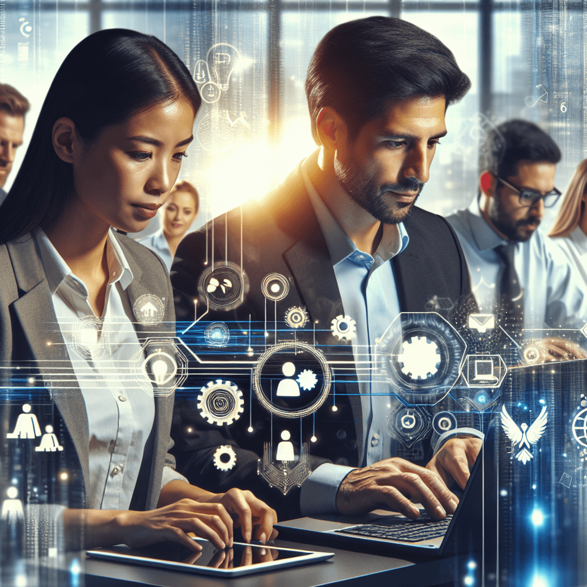 A diverse group of professionals in a modern technology office, featuring a Hispanic male and an Asian female focused on a shared laptop. The background is adorned with technology icons and teamwork symbols, representing IT outsourcing and nearshoring to Mexico. The scene radiates positivity, dynamism, efficiency, and innovation in a vibrant work environment.
