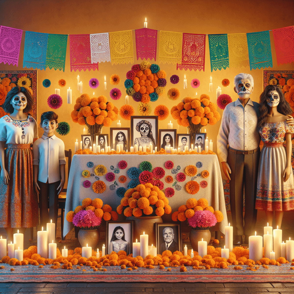 A vibrant Day of the Dead altar, filled with colorful papel picado, bright marigold flowers, and lit candles, surrounded by anonymous photographs of loved ones. In the foreground, a multigenerational Hispanic family—father, mother, grandfather, and a child—are happily arranging the altar together. Their faces reflect happiness and strong family bonds, in a warm and cozy setting that emphasizes the cultural significance of the celebration.