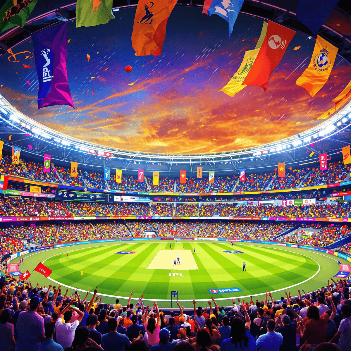 A lively cricket stadium packed with cheering fans, colorful banners, and flags. Players are in action on the field, with a cricket ball soaring through the air.