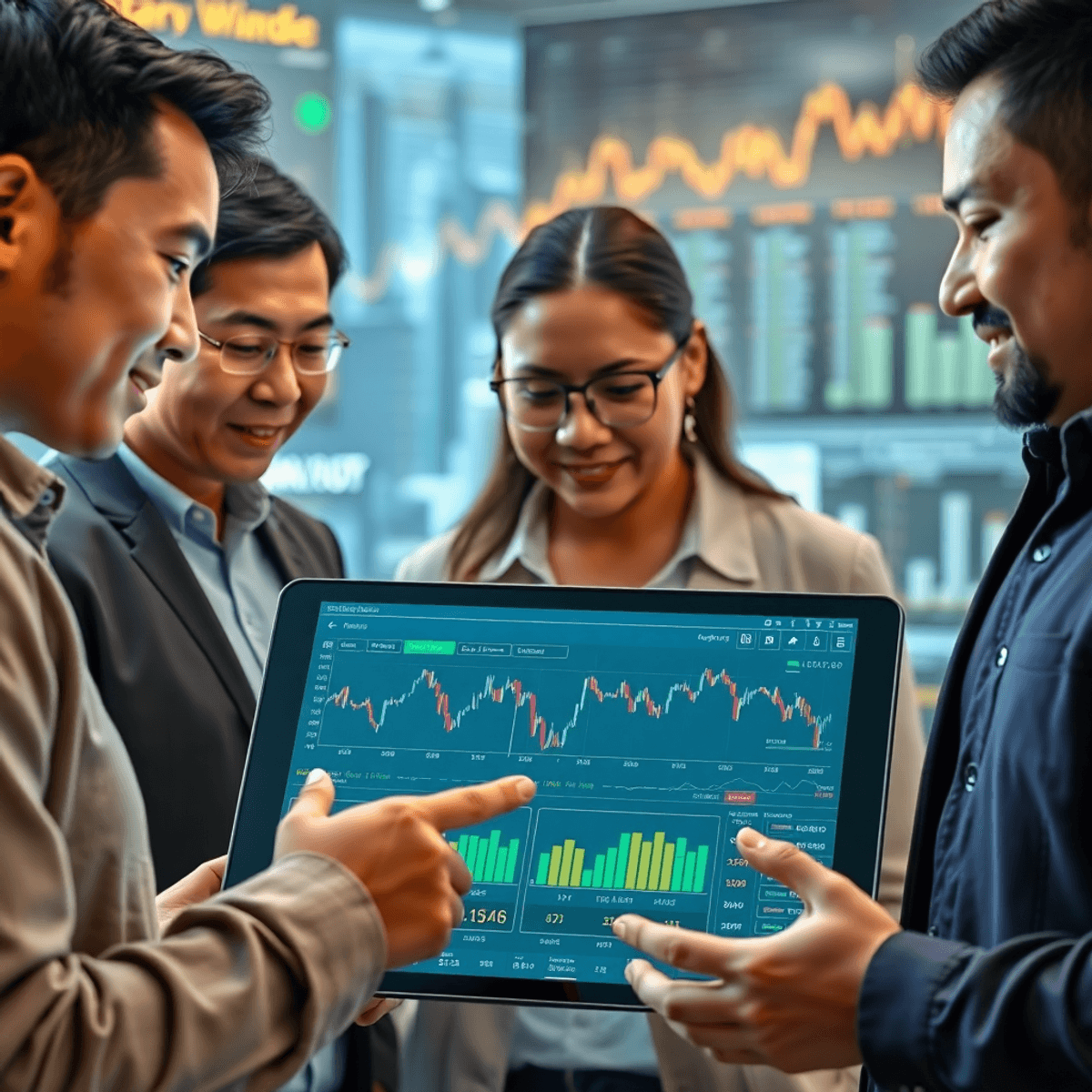 A diverse group of people engaged in a discussion around a digital tablet displaying cryptocurrency charts, with modern technology and finance elements in the background.