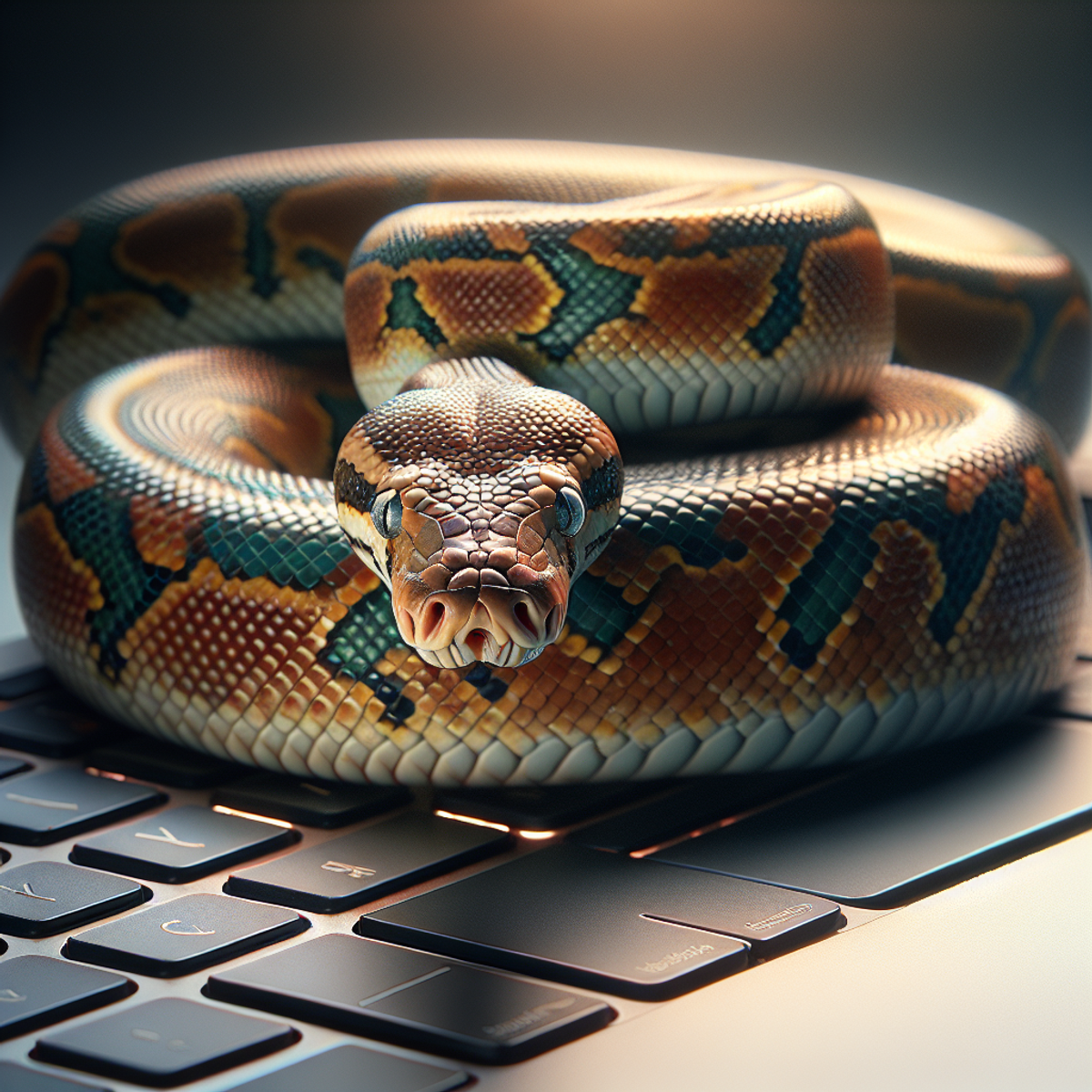 A python snake elegantly coiled around a computer keyboard under soft lighting.