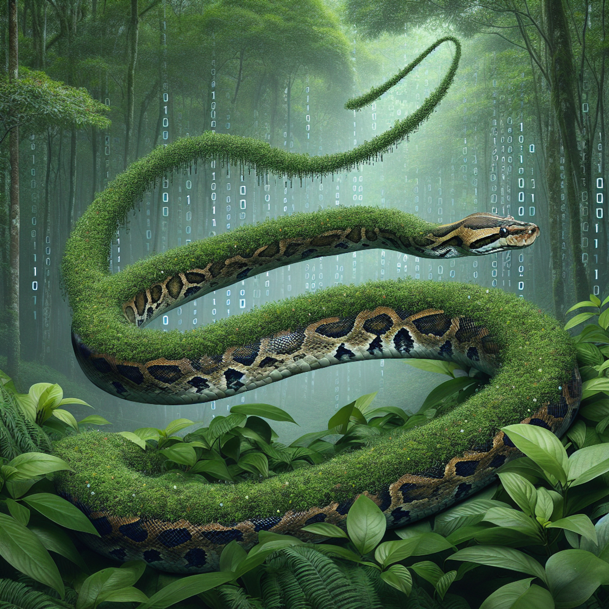 A python snake slithering through lush green foliage.