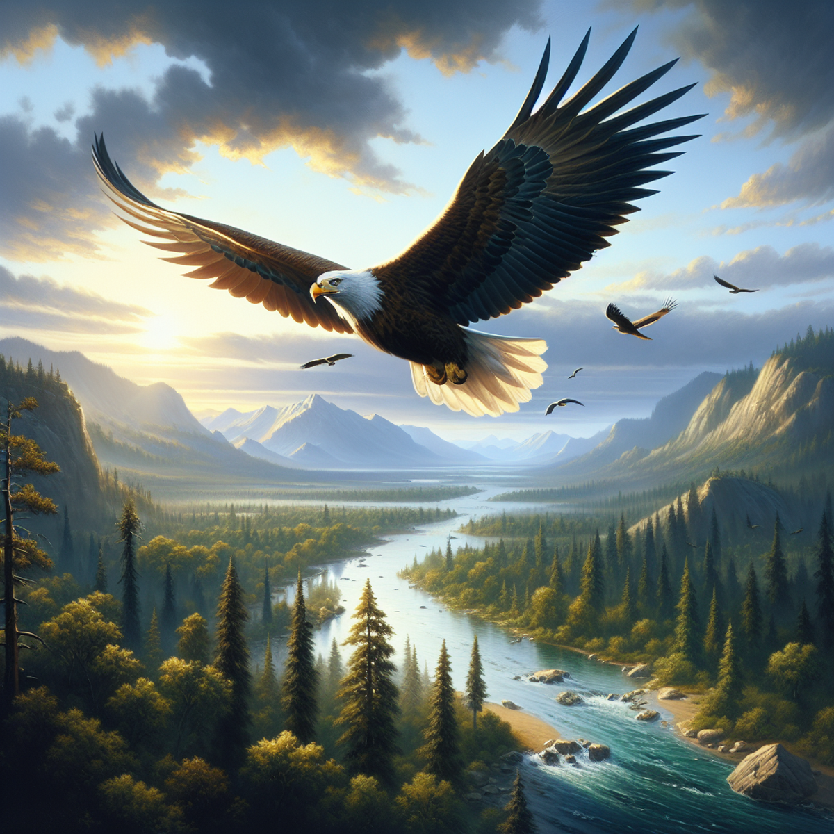 Alt text: Majestic eagle soaring in the sky with wings spread wide, against a backdrop of untouched wilderness featuring a clear river, lush forests, and mountains.