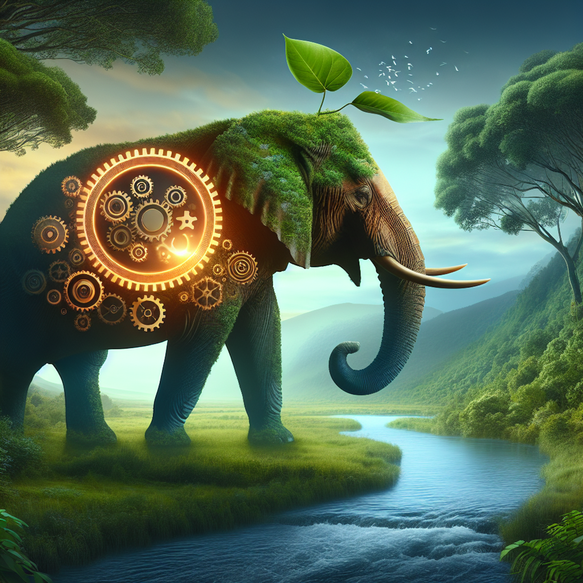 Majestic elephant standing in lush green landscape with a glowing golden emblem.