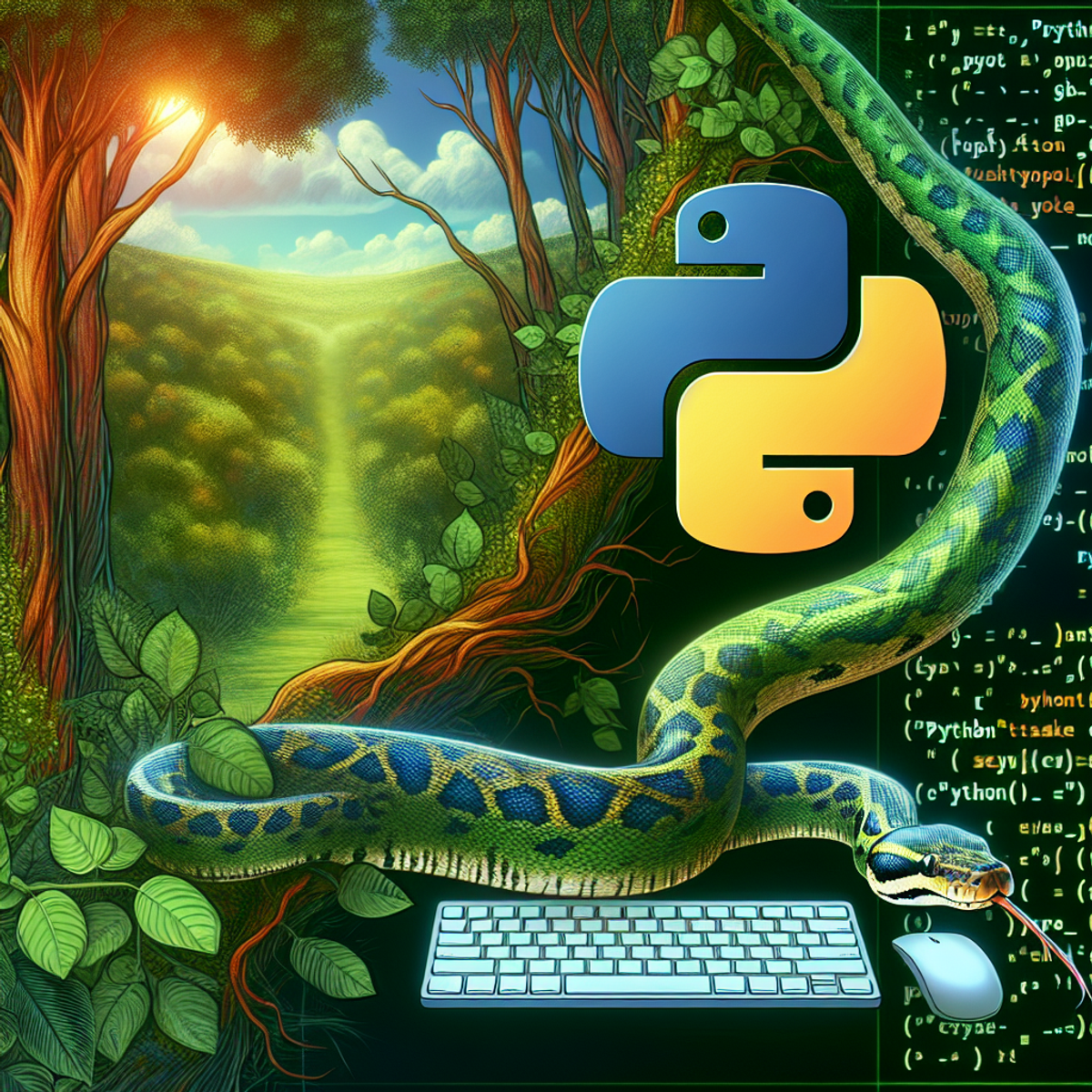 A python snake slithering through a dense, green forest with subtle symbols of Python programming language integrated into the scene.