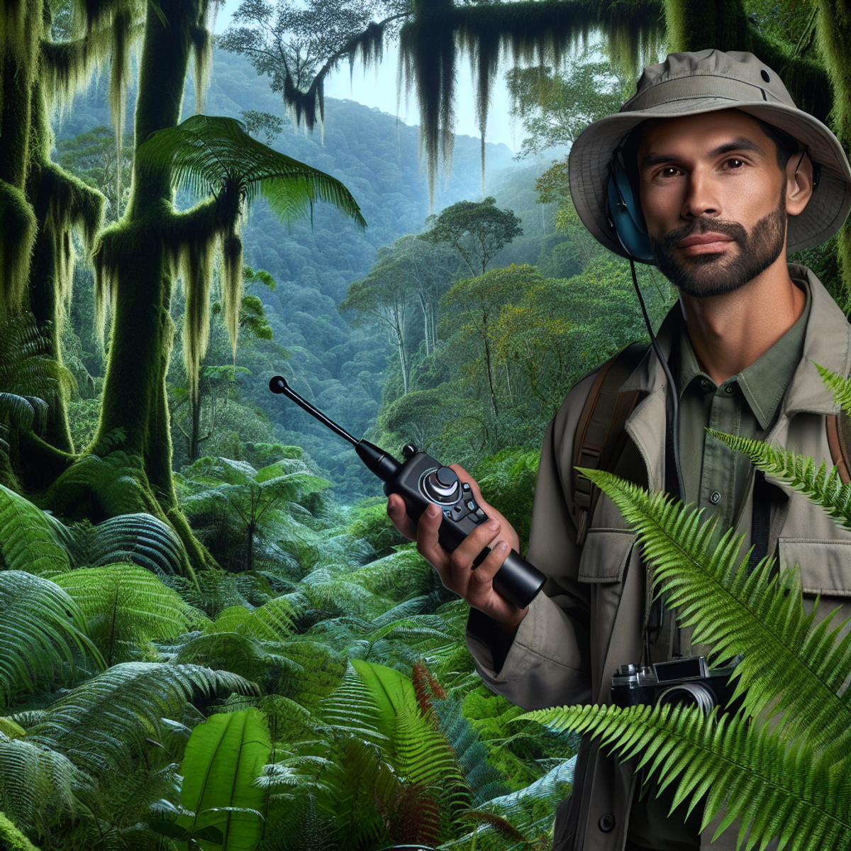 A wildlife researcher holding an acoustic sensor in a lush forest.