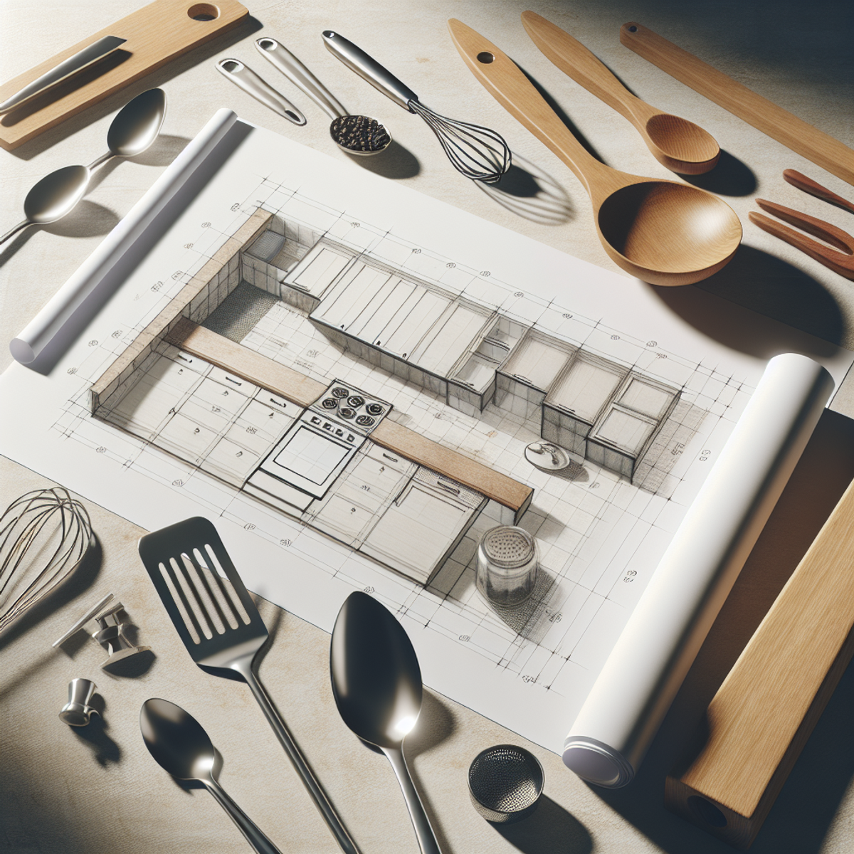 Kitchen blueprint with utensils and tools scattered around.