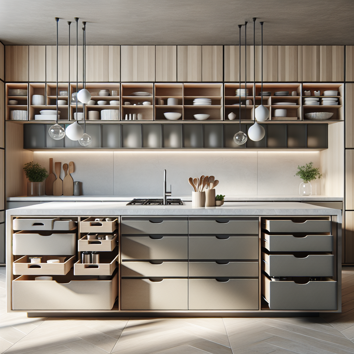 A modern kitchen island with built-in storage solutions, multi-level surfaces, and sleek lines in neutral colors.
