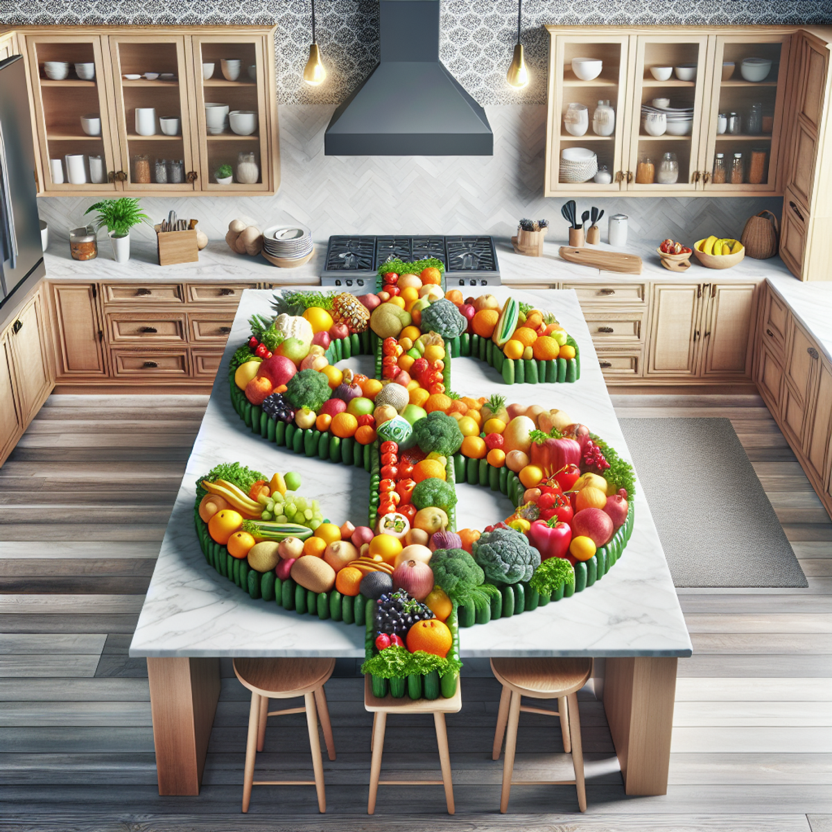 A kitchen with a giant dollar sign made of fresh fruits and vegetables on the countertop.