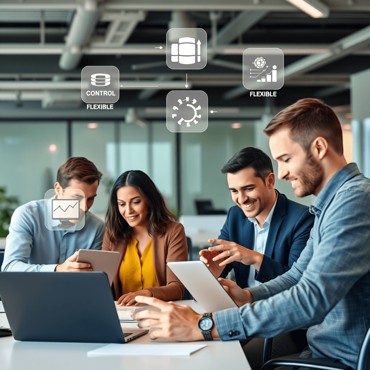A modern office with professionals collaborating over laptops and tablets, surrounded by floating icons of software development concepts.